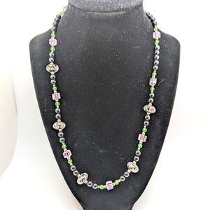 Vintage Lampwork Venetian Murano Glass Bead Necklace Rose, Black Green 24"